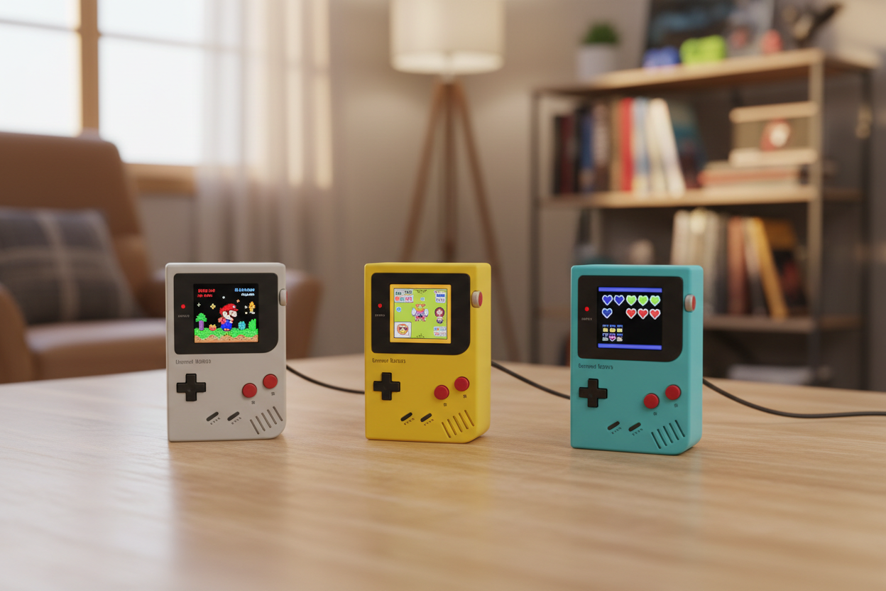Ein haufen von gameboy apple watch docks die auf einem Tisch sind mit einem angenehmen hintergrund.